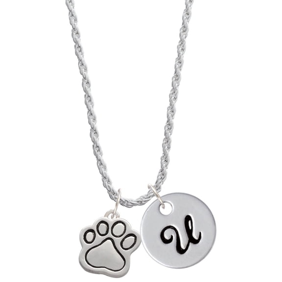 Delight Jewelry Silvertone Large Paw Silvertone Script Initial Disc - U - Charm Necklace, 20"+3"