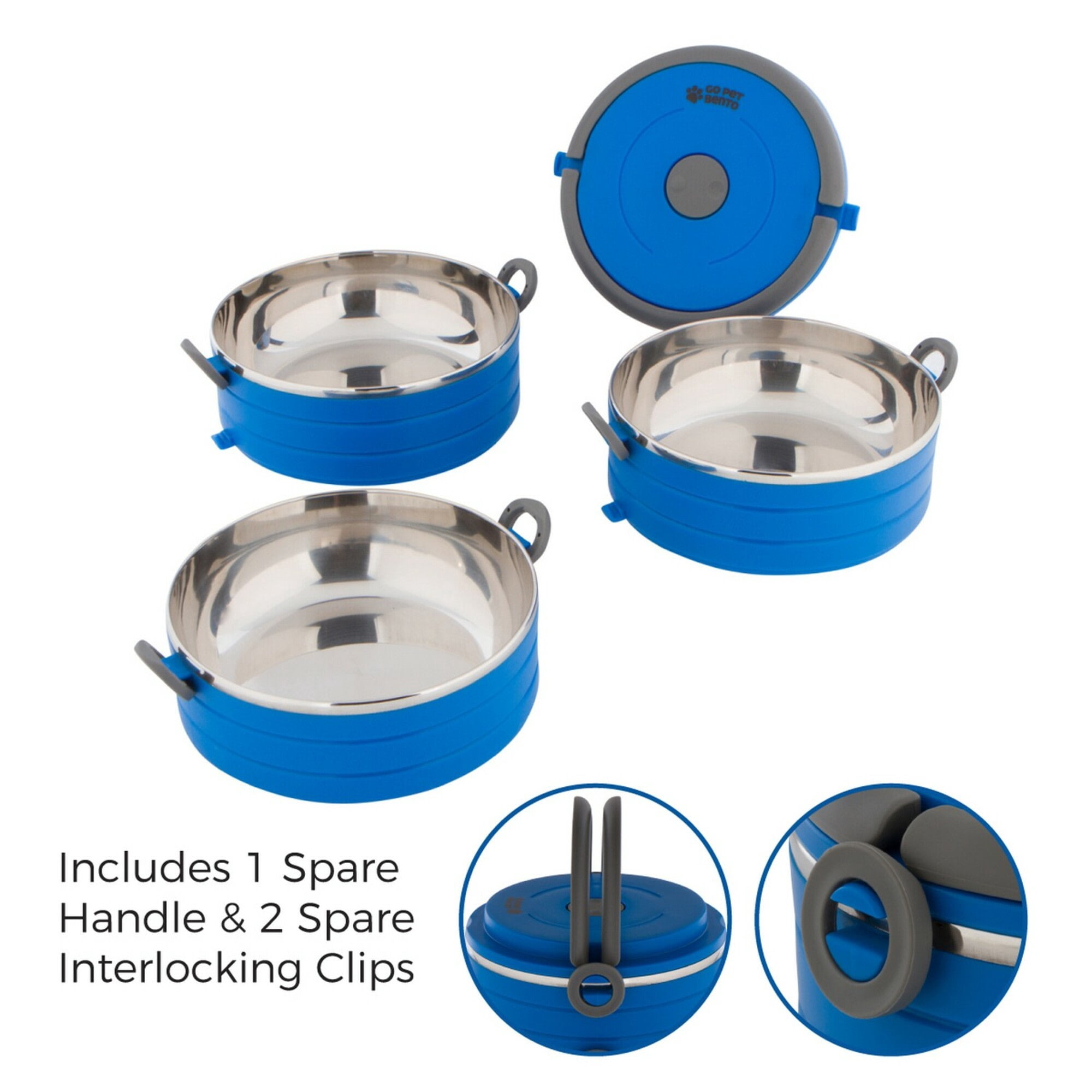 Healthy Human Travel Dog Bowls | Stainless Steel Go Pet Bento Bowl | Stackable Cat & Dog Food Bowls | Leak Proof | Set of 3 Interlocking Bowls, 2 Spare Clips, 1 Spare Handle (Blue)