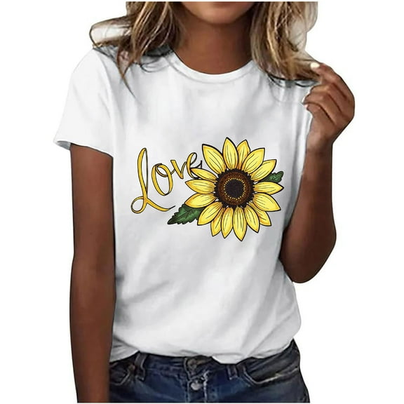 Summer Casual Tshirts for Women Loose Fit Crewneck Floral Printed Basic Tees Short Sleeve Tops Pullover T Shirt (XL, Yellow 06)