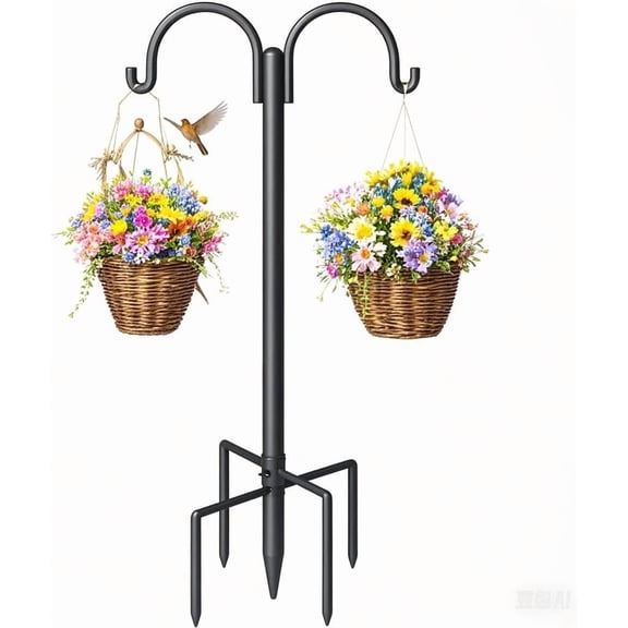 Double Shepherds Hooks for Outdoor, Heavy Duty Bird Feeder Pole with 5-Prong Base - Rust-Proof, Adjustable Bird Feeder Hanger for Garden, Wedding Decor & Hanging Plants