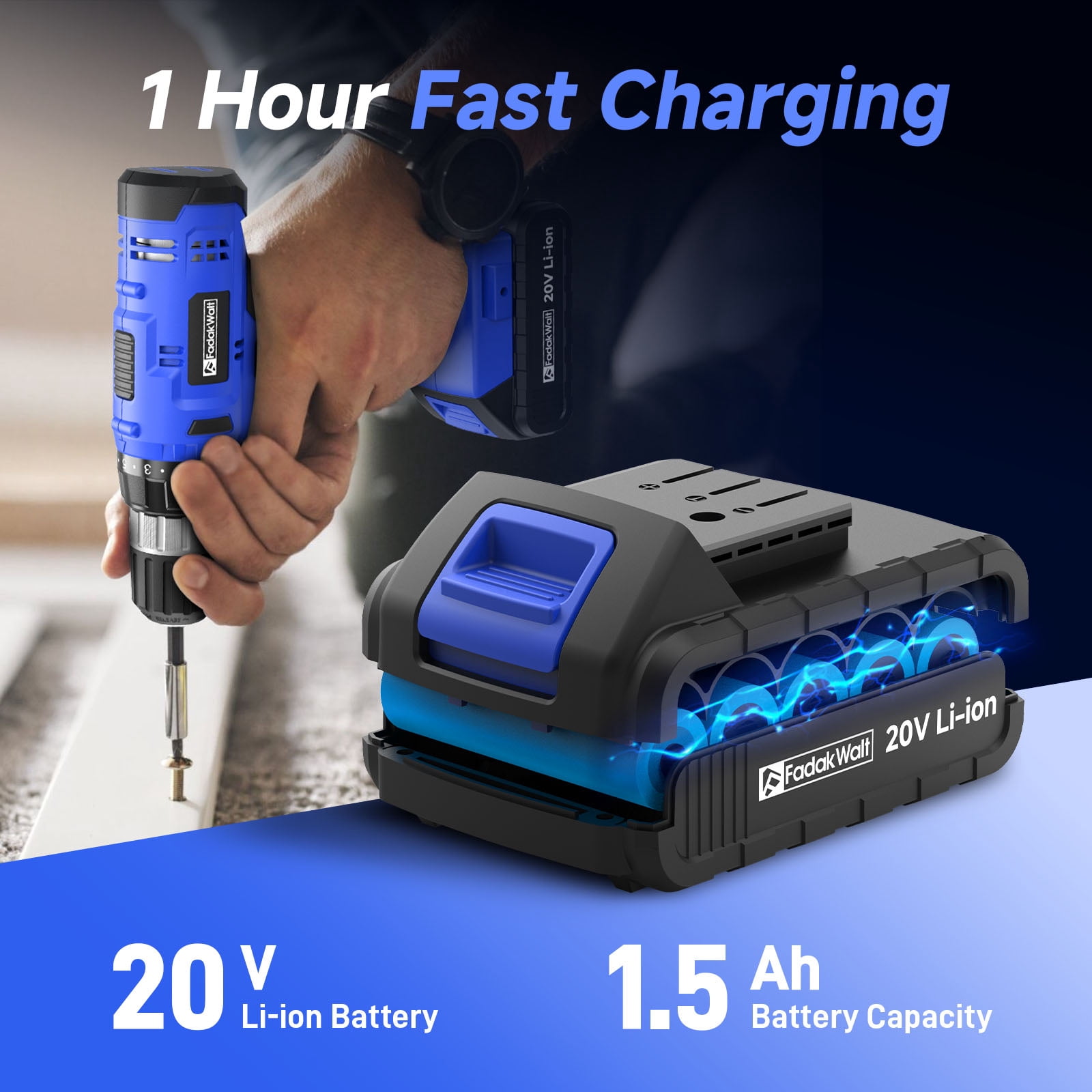 20V Cordless Drill Set with Battery & Charger, 30N.m Torque, 21+1 Settings, 3/8" Keyless Chuck, LED Light, Electric Drill Kit for Home DIY (Blue)