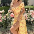 thumbnail image 3 of Milk Maid Dress for Women Floral Corset Dress Summer Puff Sleeve Floral Split Maxi Dress Boho Casual Beach Dress, 2025 Under 10 Dollar Limited Time, 3 of 6