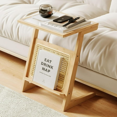 Bamworld Rattan Side Table Z Shape Mid Century Modern End Table Glass Bedside Table Small Boho Tables Bamboo Coffee Table with Storage for Living Room Bedroom Nature