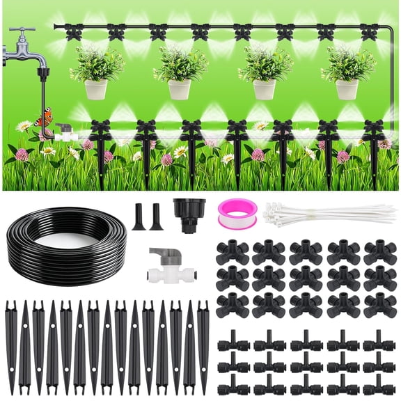 50FT Drip Irrigation System Kit, Garden Watering System with Quick Connectors 1/4 inch Drip Tubing & Quick Connect Fittings Adjustable Mist, Watering System for Outdoor Plants