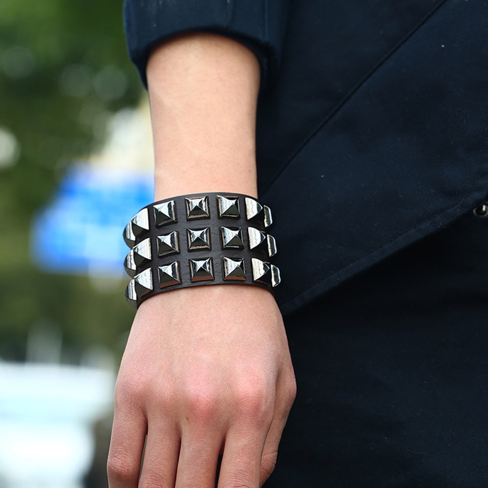 Genuine Two-layer Cuff Bangle Punk Square Cone Rivet Stud Cowhide Bracelet Black 