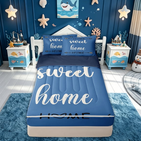 meiyoeat Rustic Home Sweet Zipper Twin Comforter Sets with Fitted Sheet and 2 Pillowcases for Adults Men Women, Arrow Quote Zipper Bedding Set, Sky Blue, Blue Reversible, 4pcs