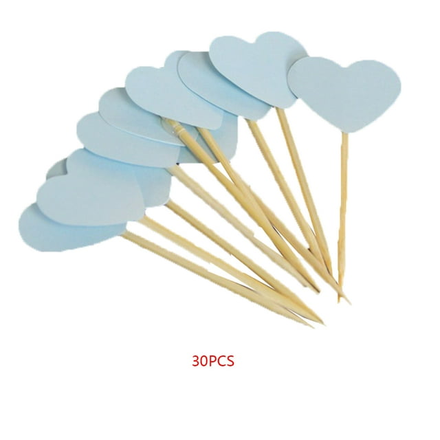 Workhe 30pcs Toothpicks with heart-shaped tops, designed for cake and fruit decoration. Made of bamboo, these 6.5cm sticks feature light blue heart-shaped decorations measuring 2.9cm by 2.5cm. Ideal for home, restaurant, or banquet use, they are non-toxic and suitable for food contact. The package includes 30 toothpicks.