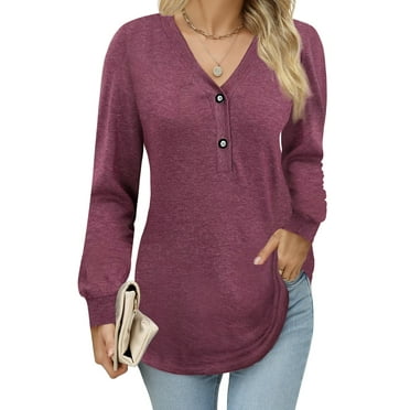 Fantaslook Long Sleeve Blouses for Women V Neck Button Casual Tops Tunic Henley T Shirts