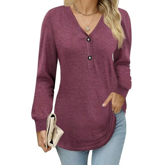 Fantaslook Long Sleeve Blouses for Women V Neck Button Casual Tops Tunic Henley T Shirts