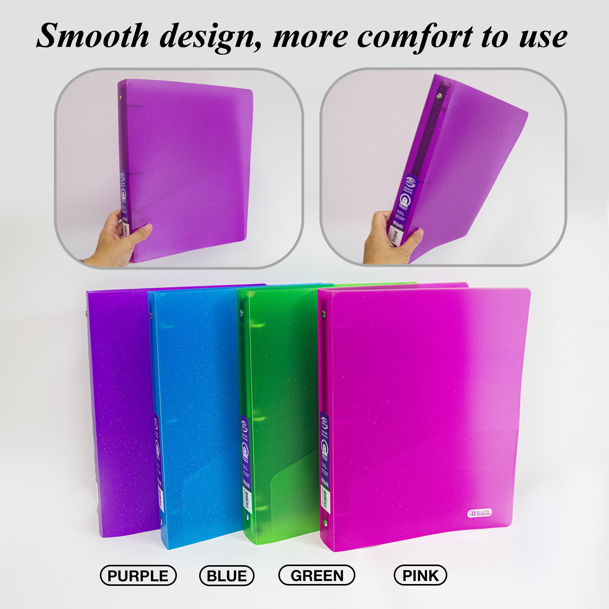 BAZIC 3 Ring Binder 1" Poly Binders Glitter Color Soft Cover, 175 Sheets, 48-Count