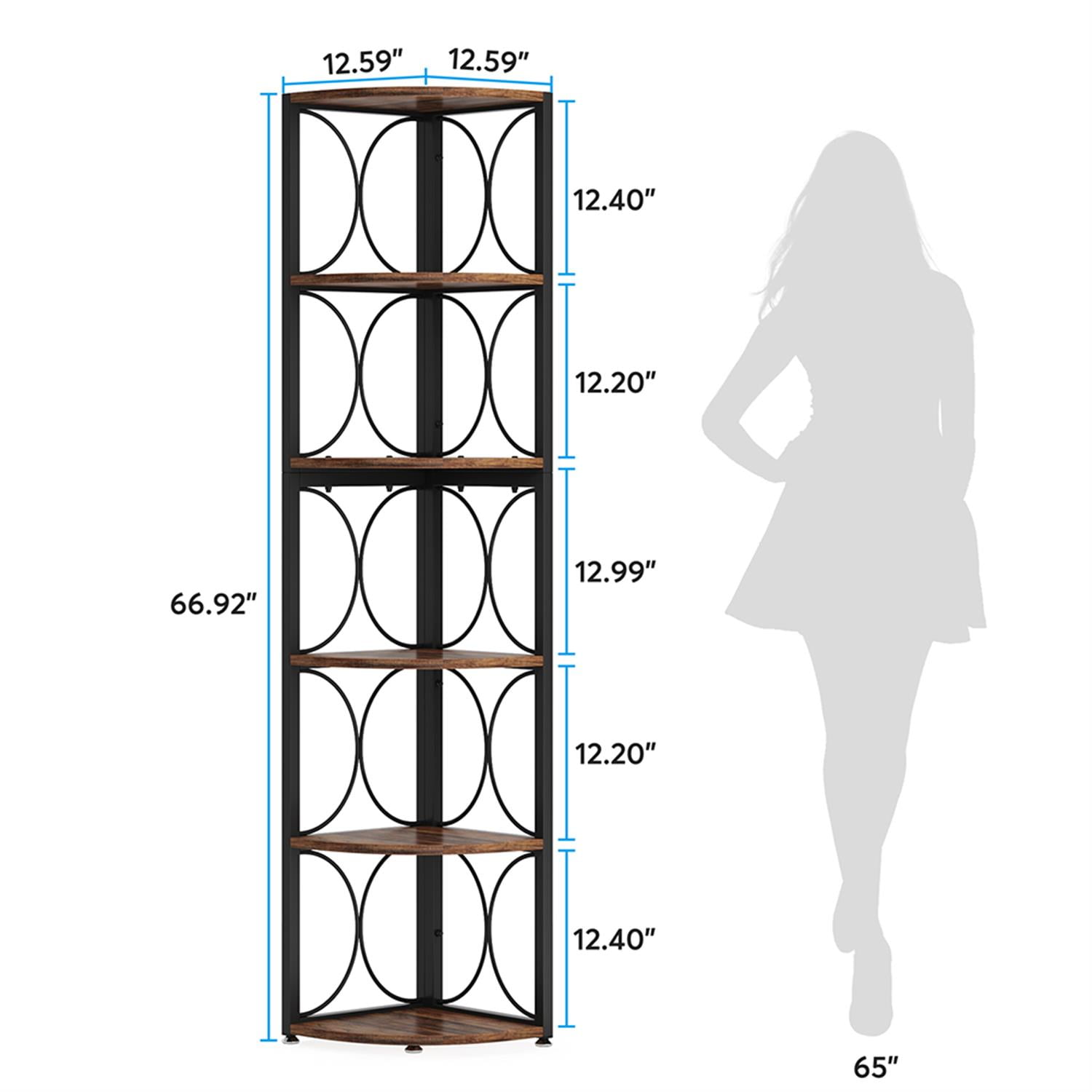 Demi Bonn 6 Tier Corner Bookshelf, Wood and Metal Bookcase Storage Organizer, 67" Talldustrial Display Standing Shelf Unit for Bedroom, Living Room, Brown