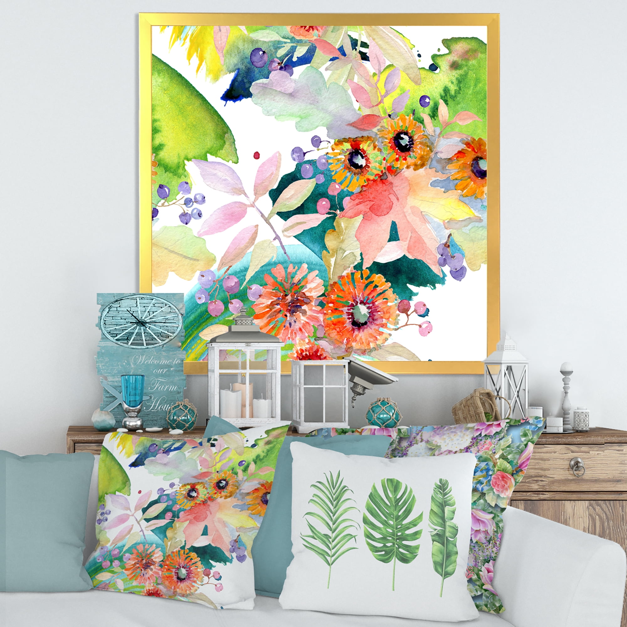 Vital Wild Spring Leaves and Wildflowers III 16 in x 16 in Framed Painting Canvas Art Print, by Designart