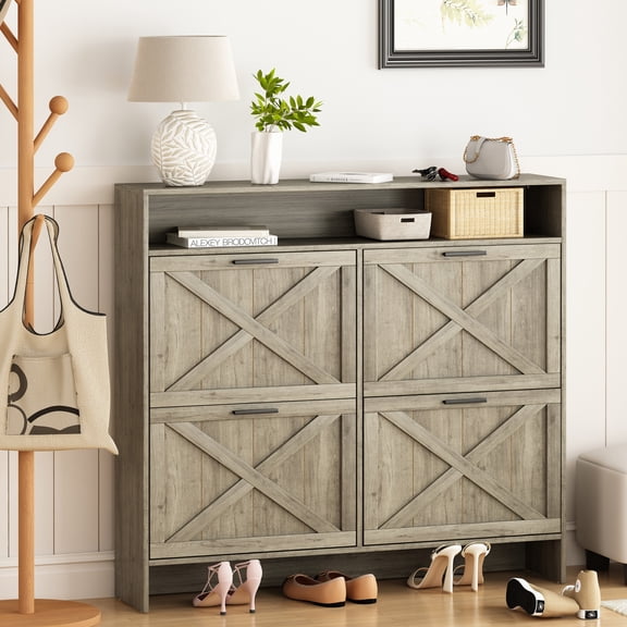 Shoe Cabinet with 4 Flip Drawers, Narrow Shoe Storage Cabinet for Entryway, Slim Shoe Organizer with Anti-Tip, Rustic Gray