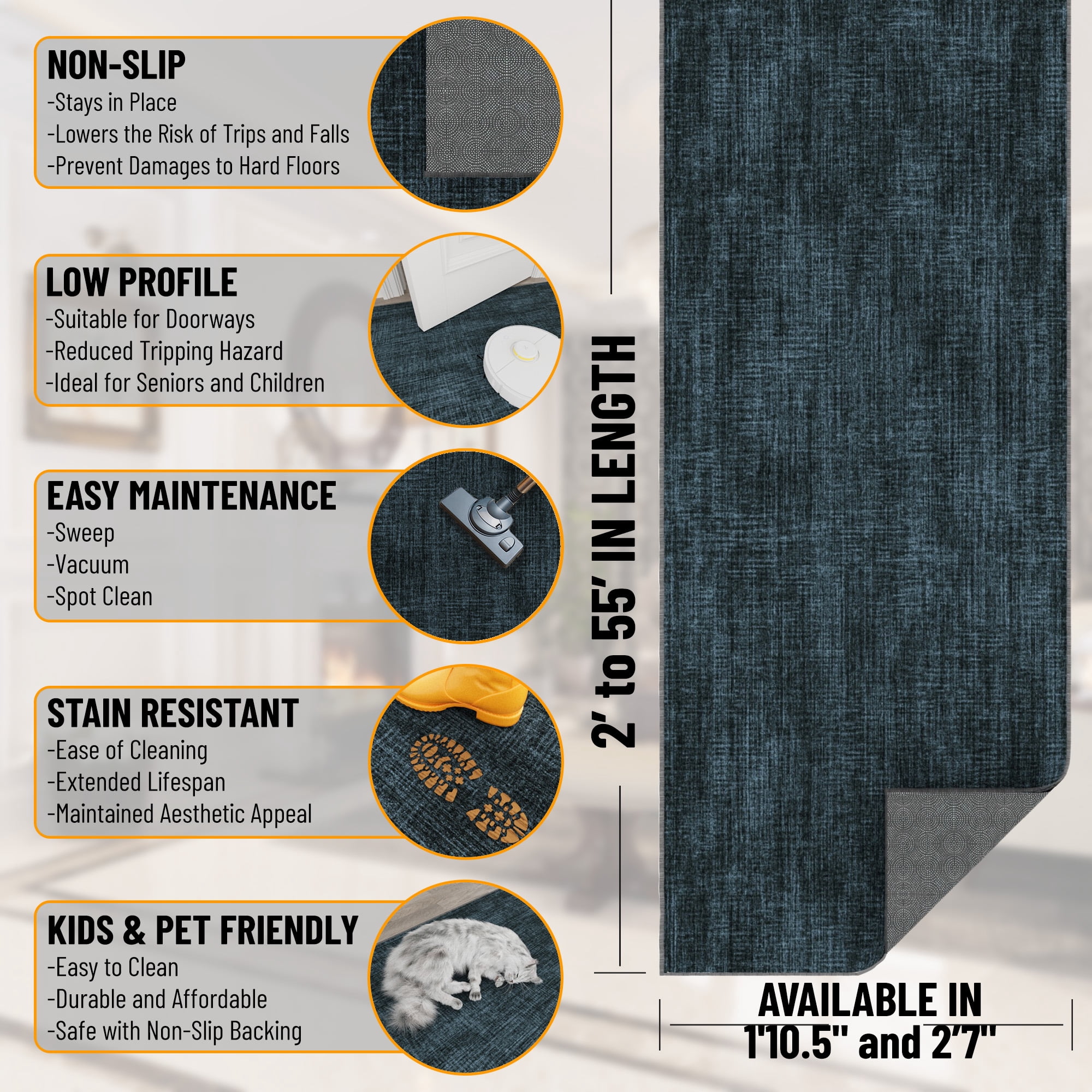 Ottomanson Aisle Runner Rug 1'10.5" x 53' Soft Non-Slip Indoor Rug, Solid Charcoal Navy