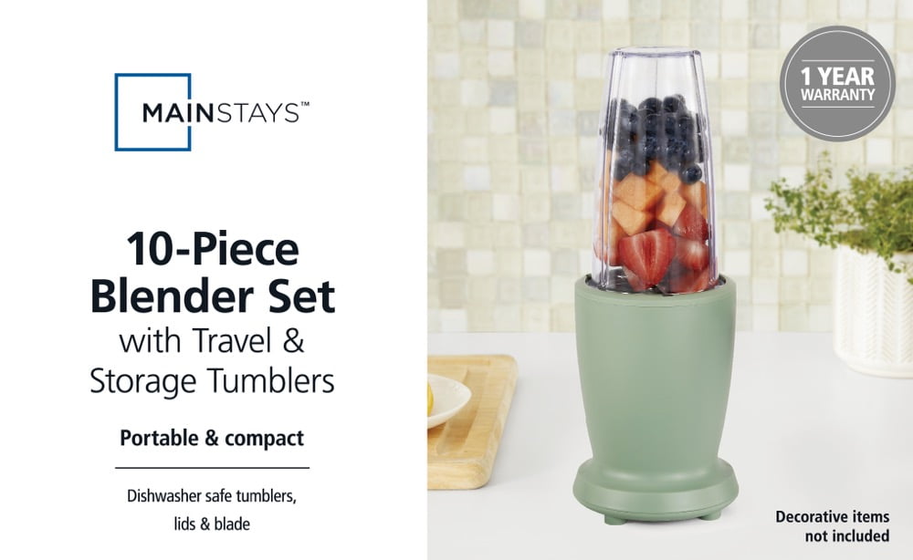 Mainstays 10-Piece Blender Set, Green Sage, 300W, with 3 Jars (10oz, 16oz, 18oz), 2 Drinking Lids, Stainless Steel Blade