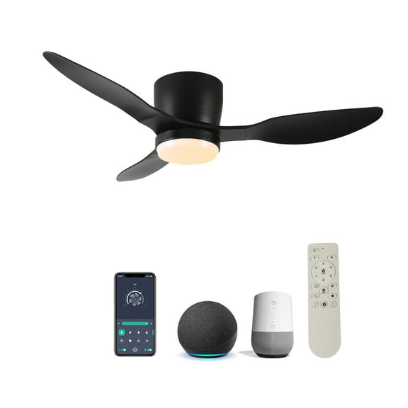Izzovium 42 Inch Smart Flush Mount Ceiling Fan with Light, WiFi Alexa Control, DC Motor, Dimmable LED, Matte Black for Indoor Outdoor Use