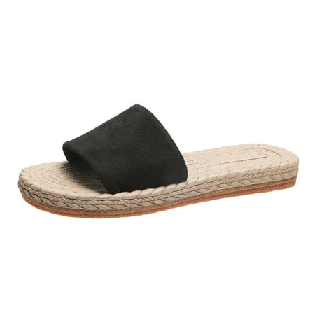 

Women Slippers Booties Ladies Fashion Solid Color Suede Strap Straw Woven Bottom Flat Open Toe Slippers