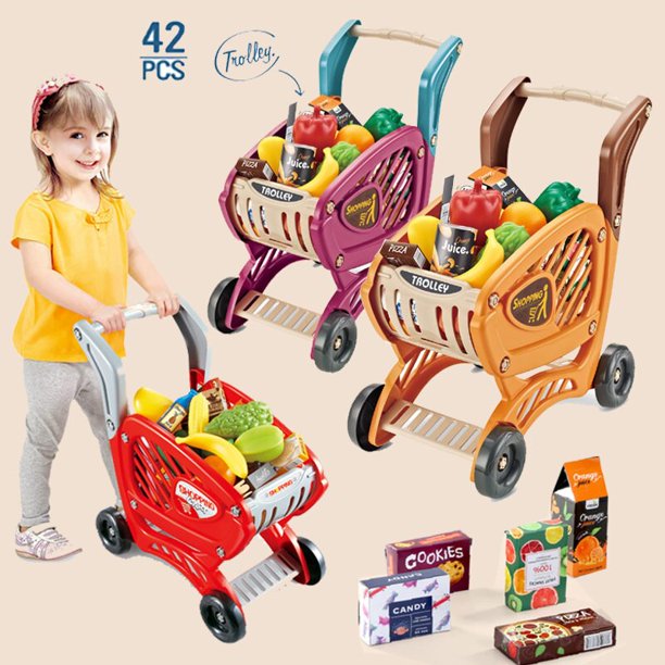 Kids Large Supermarket Shopping Cart Trolley Push Car Toys Basket Simulation Fruit Food Pretend Play House Girls Toy heqiyong toy