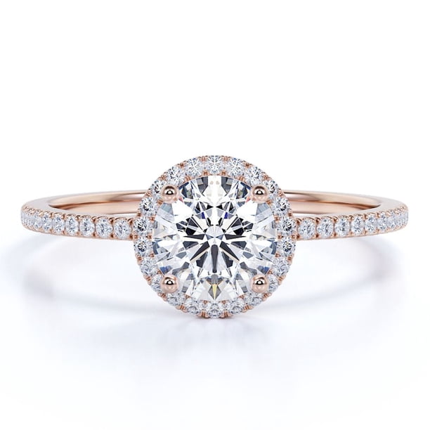 JeenMata Anillo de Compromiso de 1,75 Quilates con Corte Redondo y Halo Pavé en Baño de Oro Rosa de 18 K sobre Plata