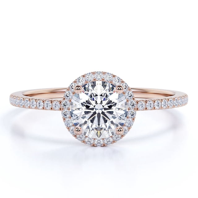 JeenMata Anillo de Compromiso de 1,75 Quilates con Corte Redondo y Halo Pavé en Baño de Oro Rosa de 18 K sobre Plata