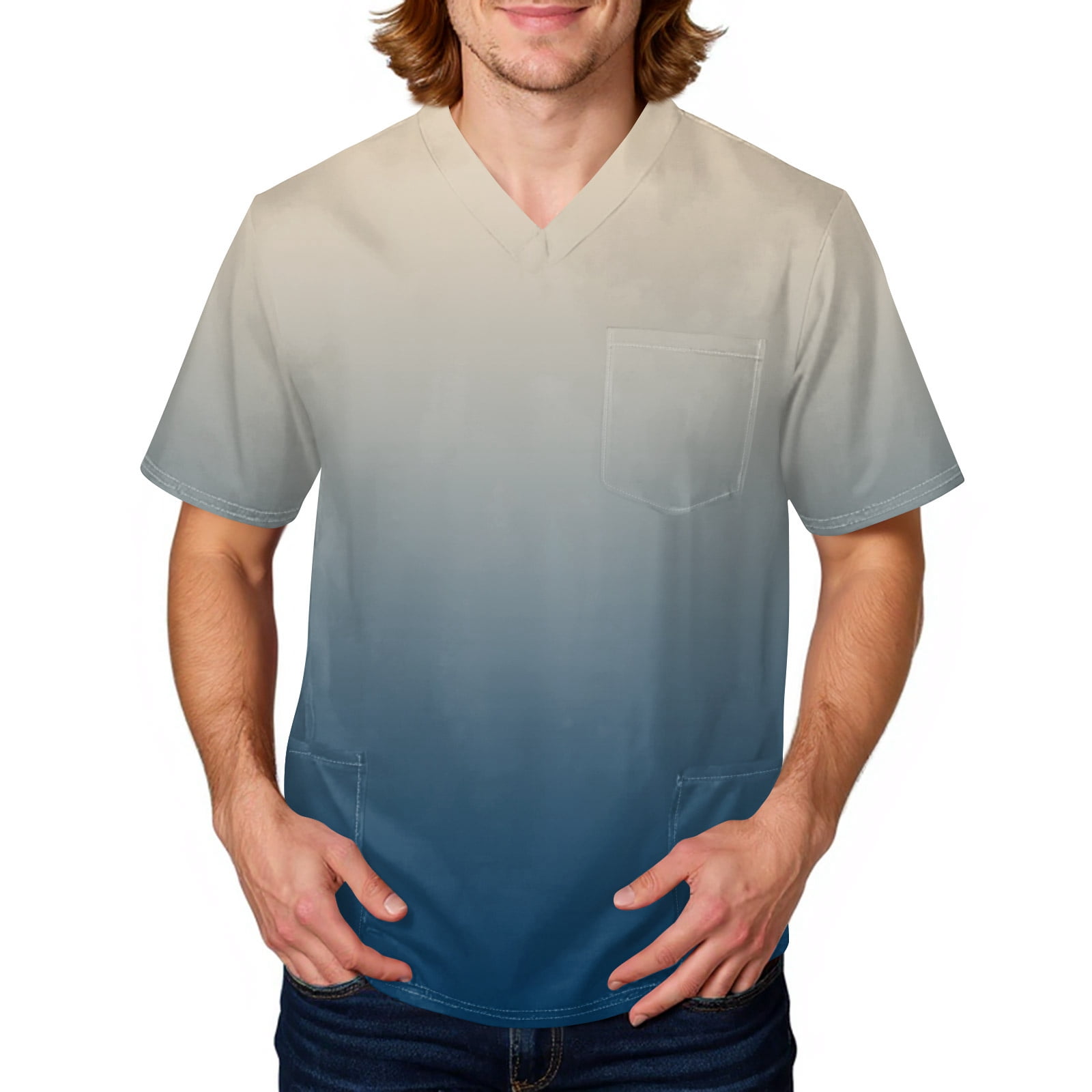 Domuza Scrub Top Men Tie-Dye Gradient V Neck Short Sleeve Caregiver Uniform Big and Tall Soft Comfy Medical Workwear with 3 Pockets White XL