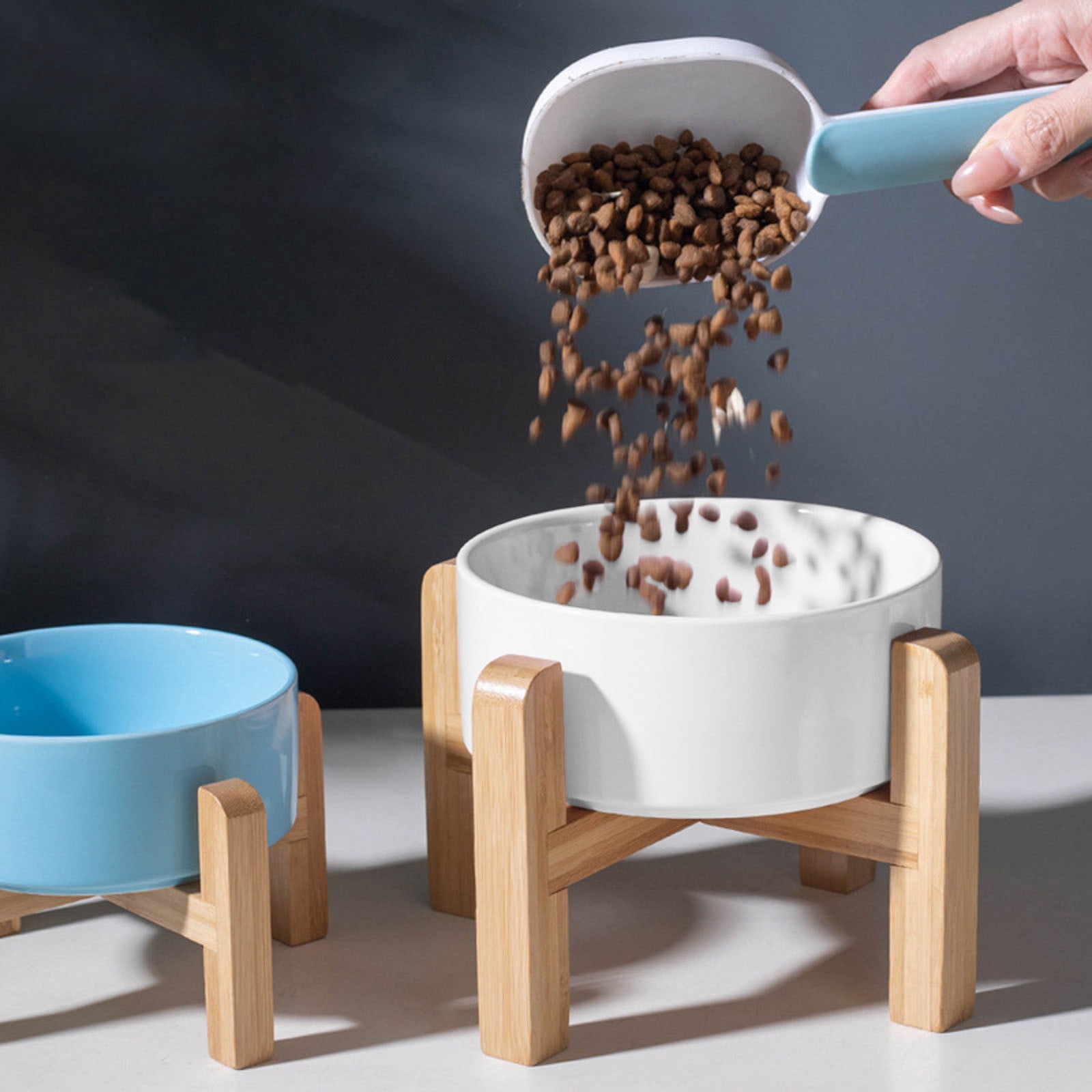 Elevated Ceramic Pet Food and Water Bowls with Vomit Tilt Design for Feeding Posture in Cats and Small Dogs
