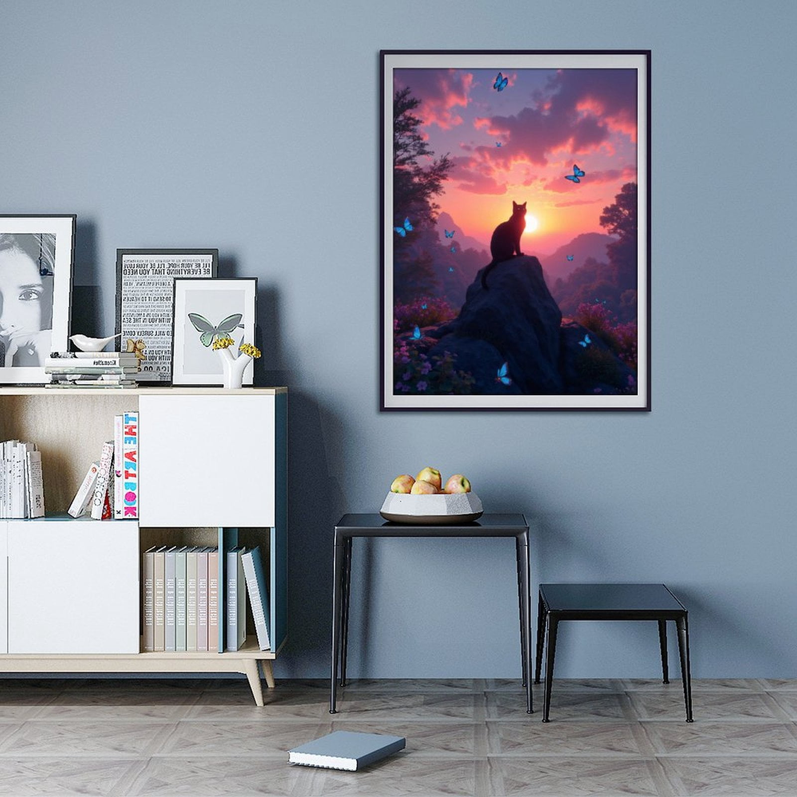 Diamond Art Kits for Adults - 5d Cat Sunset Rock Blue Butterflies Diamond Painting for Adults, Diamond Art for Adults Beginners, Diamond Painting Kits for Adults for Home Wall Decor