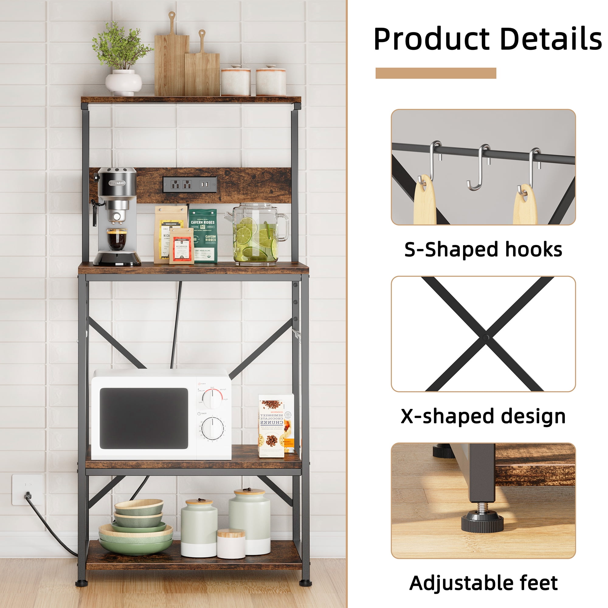Walsunny 4-Tier Kitchen Bakers Rack with Power Outlet, Rustic