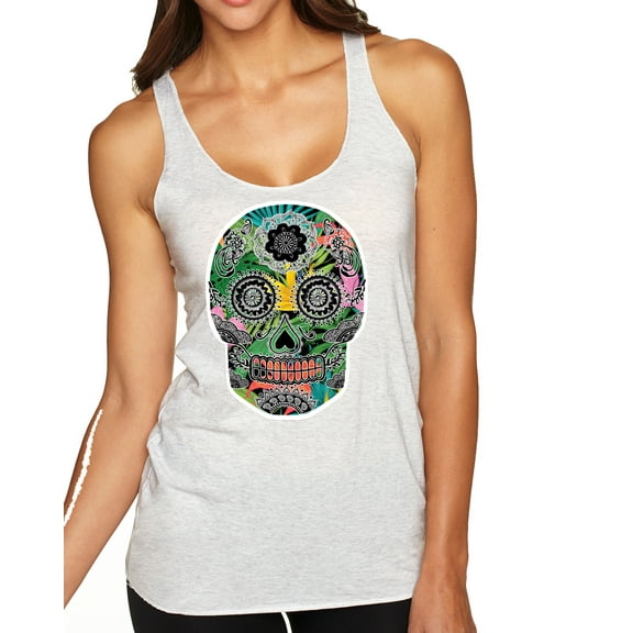 Wild Bobby, Day Of The Dead Calavera Skull Colorful Trippy | Womens Pop Culture Premium Tri-Blend Racerback Tank Top, Heather White, Small