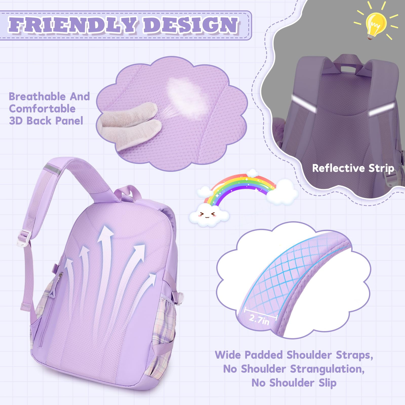 Soda Candy Girls Backpack Ideal Elementary Middle School Backpacks for Kids Cute Kawaii Large Capacity Bookbag with Reflective Strip, Beige