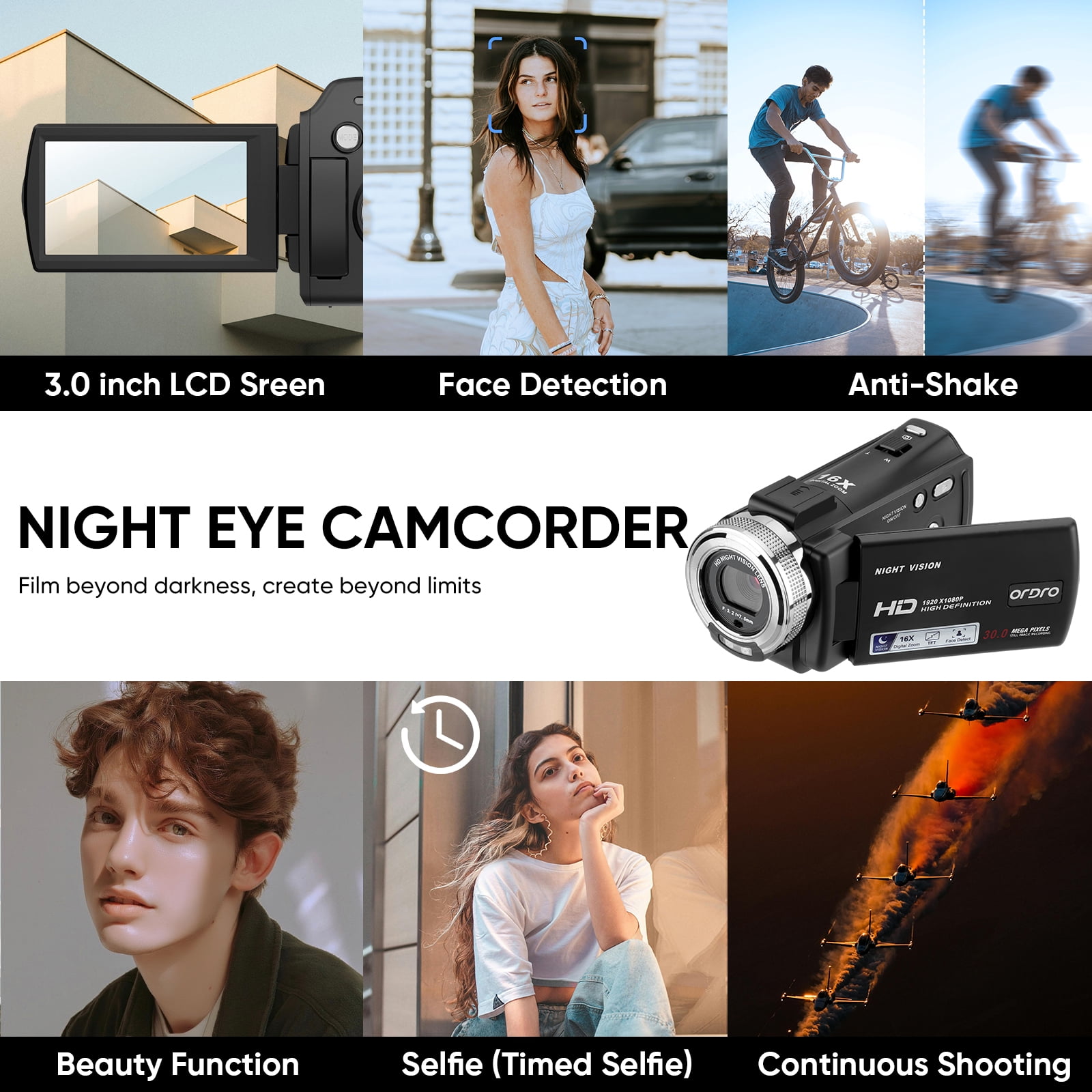 ORDRO Camcorders HDV-V12 1080P Video Camera Infrared Night Vision 3.0'' LCD Screen +16G SD Card