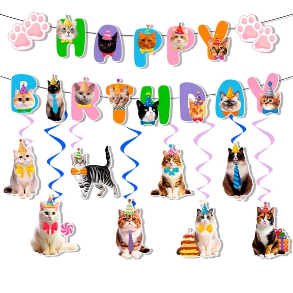 9 Pcs Cat Birthday Decor Set, Including Banner, Balloons and Hanging Swirls, Cute Party Supplies for Cat Themed Birthday Celebrations