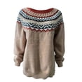 thumbnail image 4 of Women's Fair Isle Knit Pullover Sweater Casual Oversized Crewneck Vintage Cute Striped Long Sleeve Jumper Tops Coffee 2XL, 4 of 5