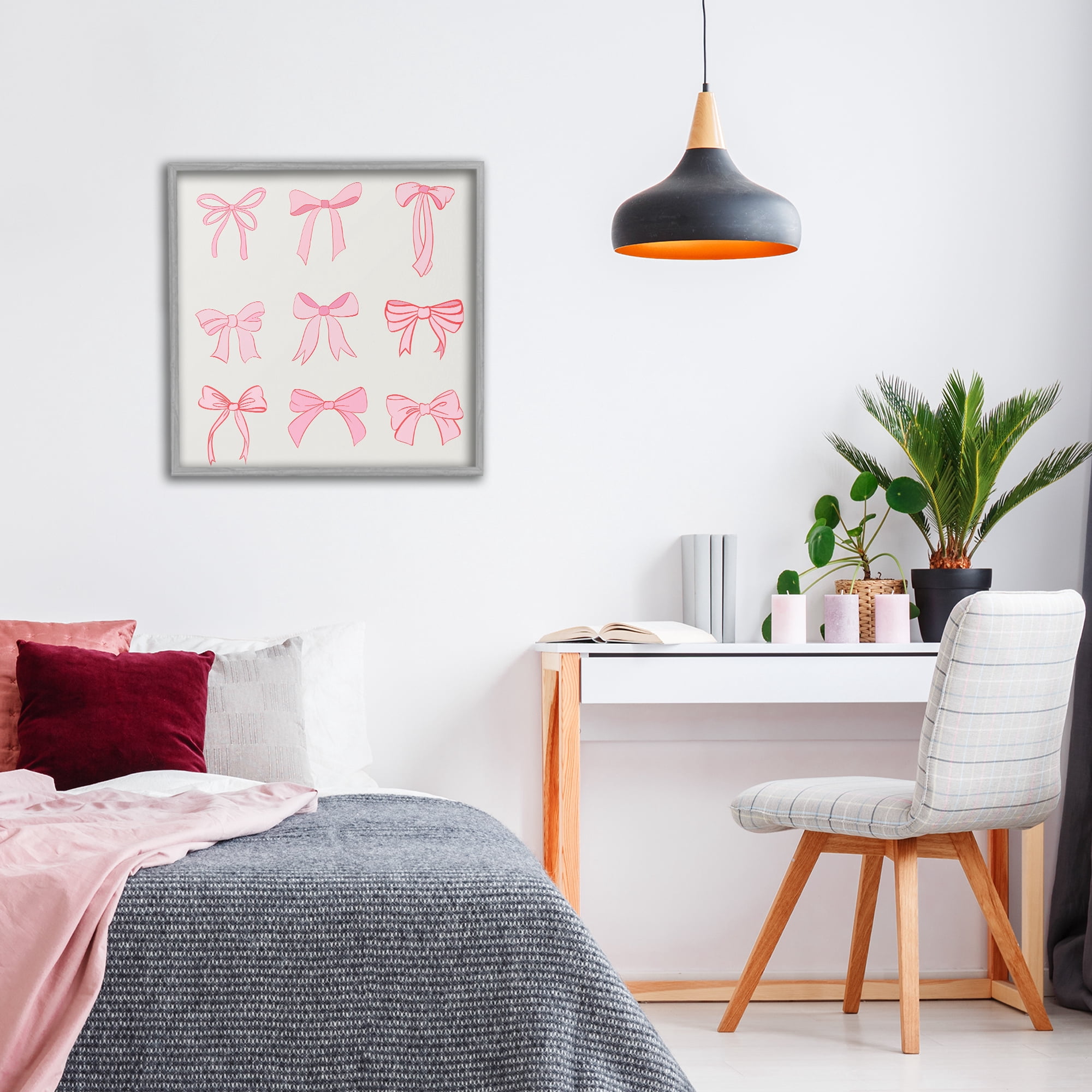 Stupell Industries Pink Coquette Ribbons Gray Framed Giclee Art, design by Emily Navas