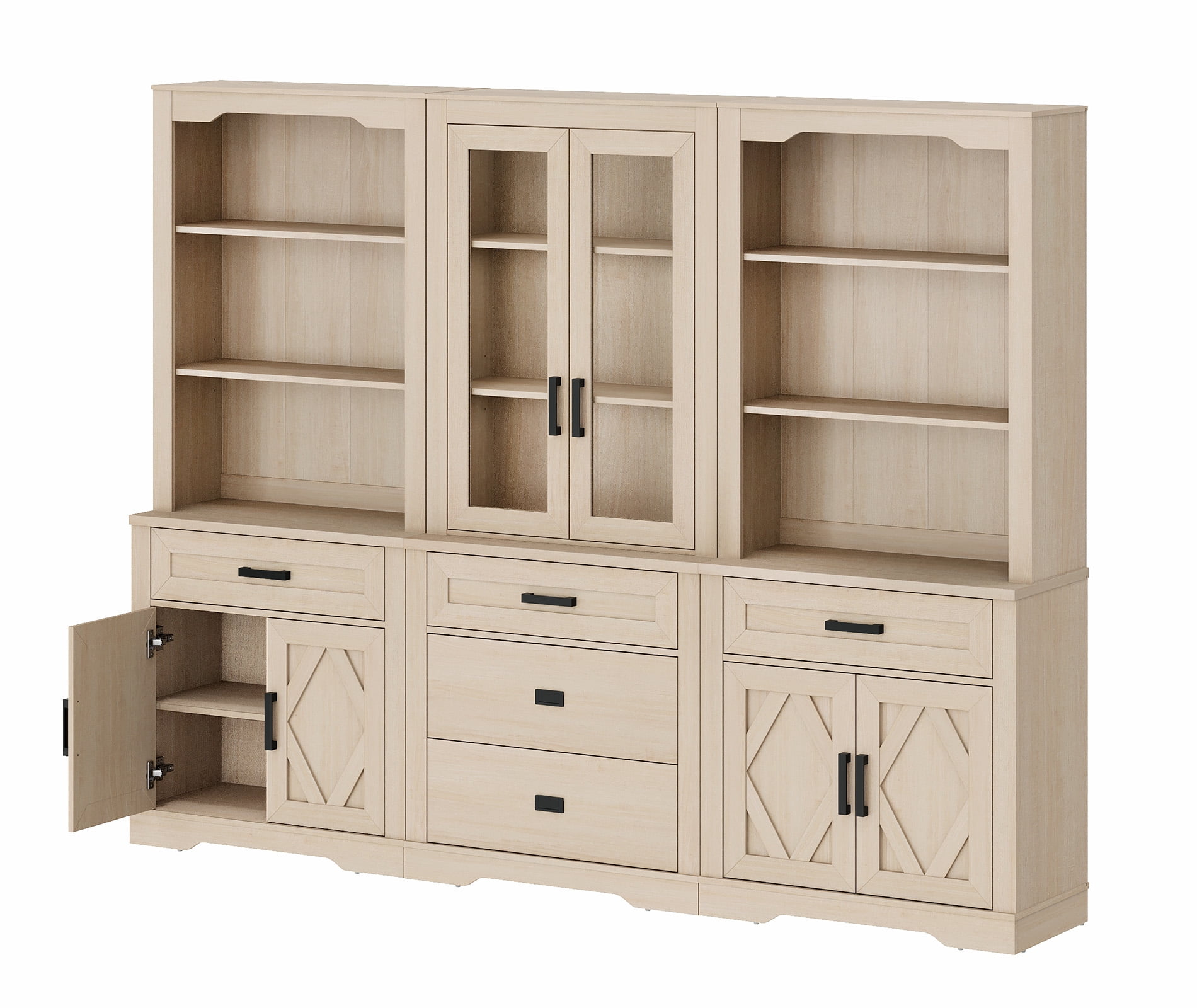 WAMPAT Modern Farmhosue 3-Column BookShelf Set,5 Tier Book Shelf with Open Storage and Glass Doors,73"H Tall Wood Bookcase with Storage Cabinet and Drawers for Study,Bedroom,Living Room,Light Oak