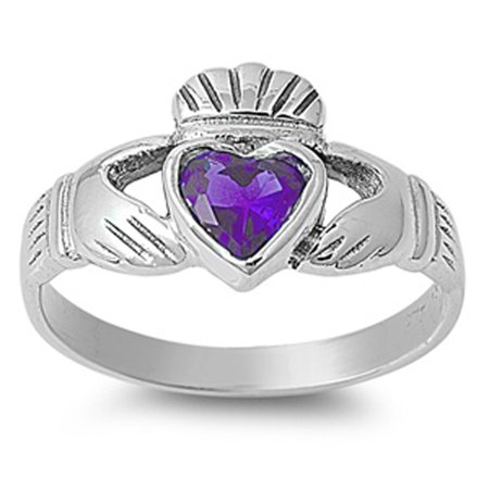 February Amethyst Color Heart - CHOOSE YOUR COLOR Sterling Silver Simulated Amethyst Irish Claddagh Heart Ring 925 Band 12mm