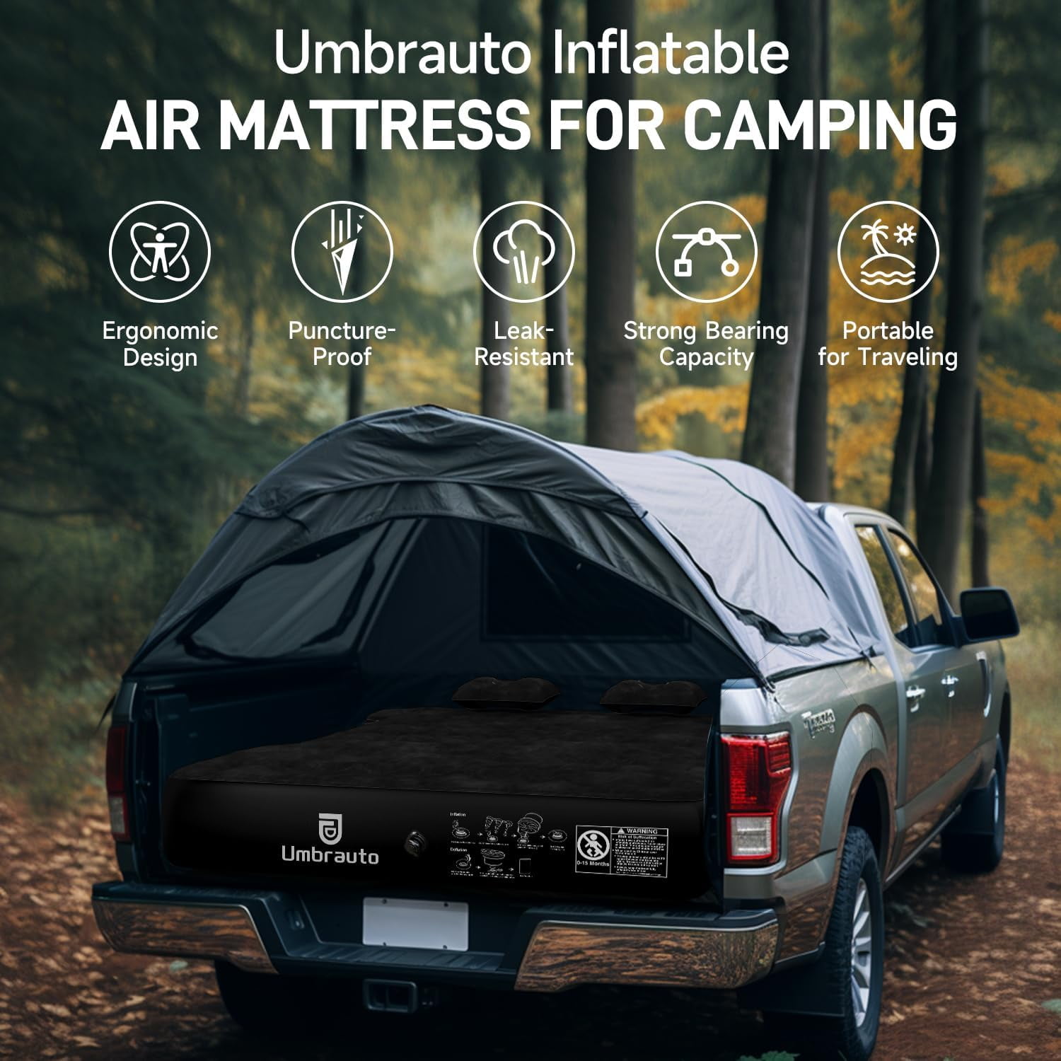 Truck Bed Air Mattress for 5.5'-5.8' Full Size Short Truck Bed Inflatable Camping Mattress with Pump & Carry Bag, Black