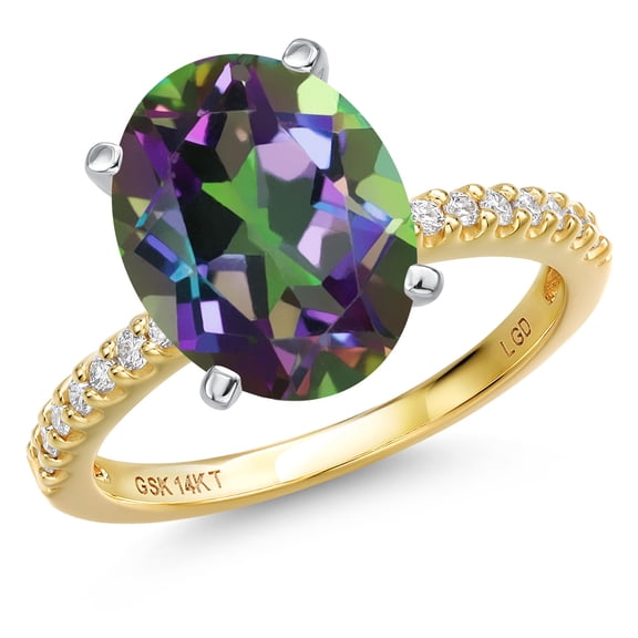 Gem Stone King 14K Two Tone Gold Green Mystic Quartz and Lab Grown Diamond Engagement Ring for Women | 4.16 Cttw | Oval 12X10MM | Gemstone Birthstone | Size 5