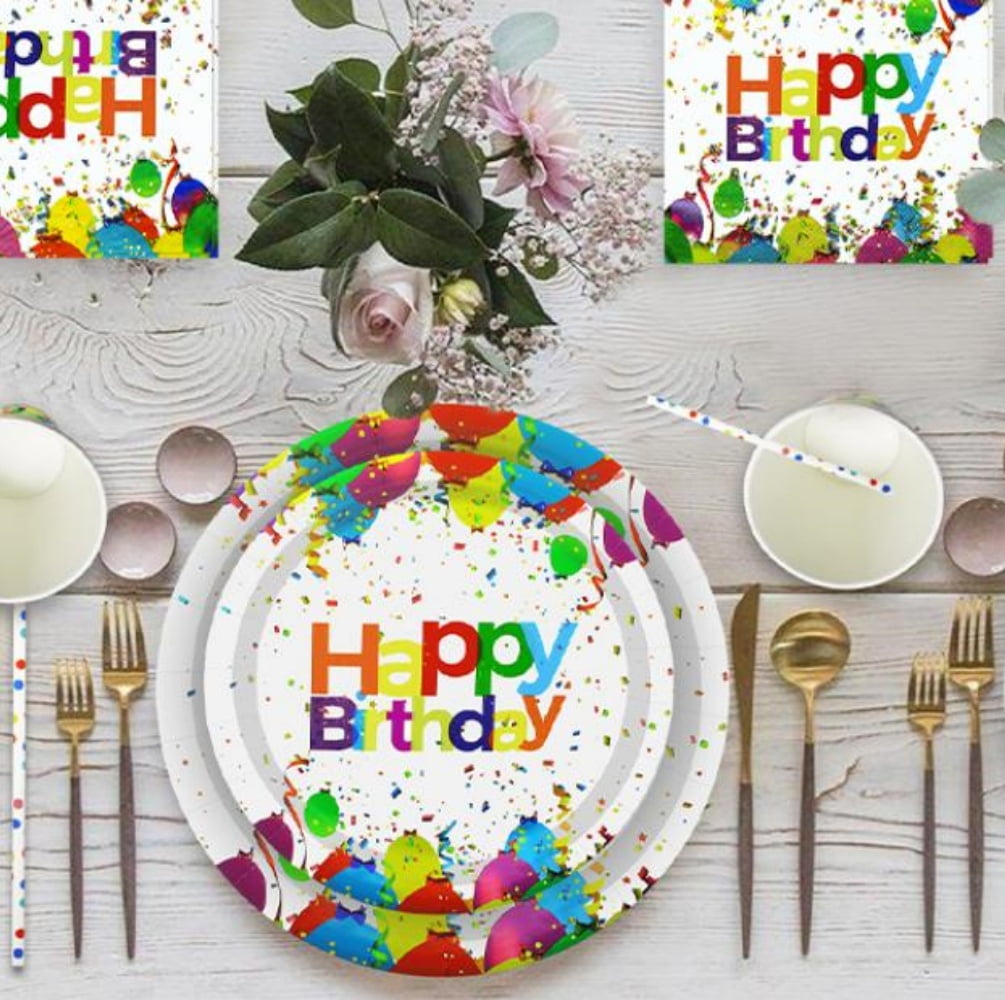 121 Pcs Birthday Party Tableware Set, Boriyuan Birthday Party Supplies with Paper Plates and Cups, Napkins, Straws, Tablecloth, Serves 24 Guests