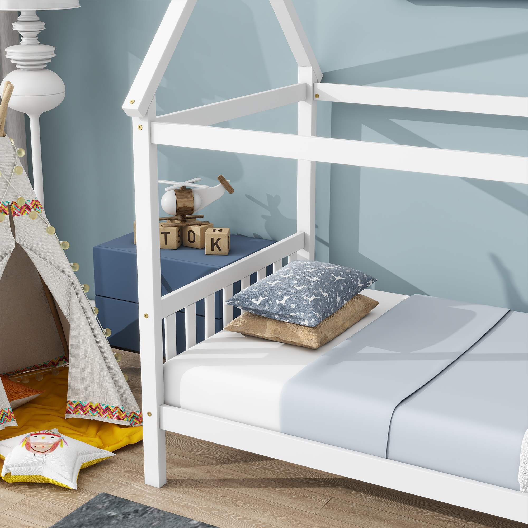 Miniyam Wood Twin Size Bed with House-shaped Design for Kids and Teens, White