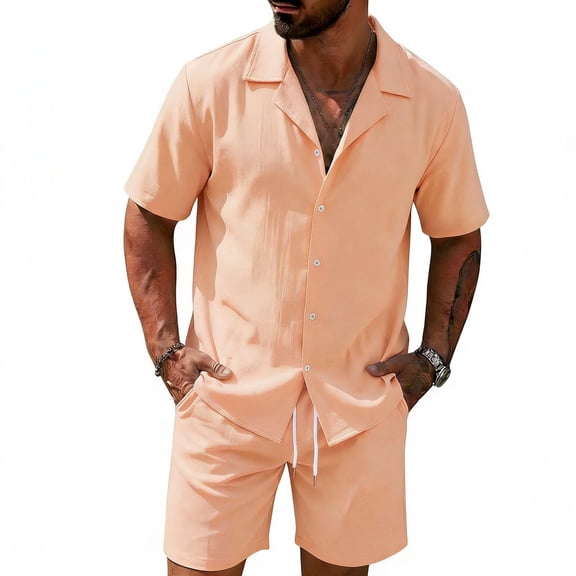 HBGVBA Men's Linen Like Casual 2 Piece Outfit Fashion Solid Color Short Sleeve Shorts Set Lapel Shirt Shorts Drawstring Elastic Waist Set