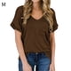 thumbnail image 1 of Camiseta de mujer con cuello en V, manga corta, bolsillo, blusa, top casual de verano, marrón, M kenally  AP001345-17, 1 of 4