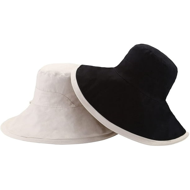 Wei Women's Sun Hat Cotton Bucket Hat Fashion Summer Beach Wide Brim Hat Travel Packable Reversible Double-Side-Wear Cap(Black)