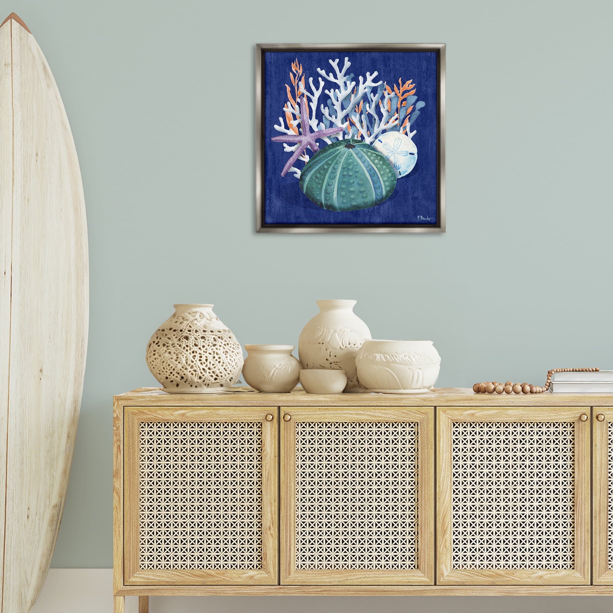 Stupell Industries Monterey Urchin & Coral Coastal Painting Gray Floater Framed Canvas Art Print Wall Art, 25 x 25