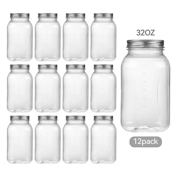 Novelinks 32oz Plastic Jars with Lids 12 Pack Clear Containers Airtight Food Storage Containers for Kitchen & Household,Silver