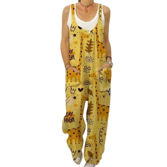UKAP Women Mushroom Summer Romper Wide Leg Sleeveless Jumpsuits Casual Loose Buttons Decor Beach Animal Print Stretch Pants