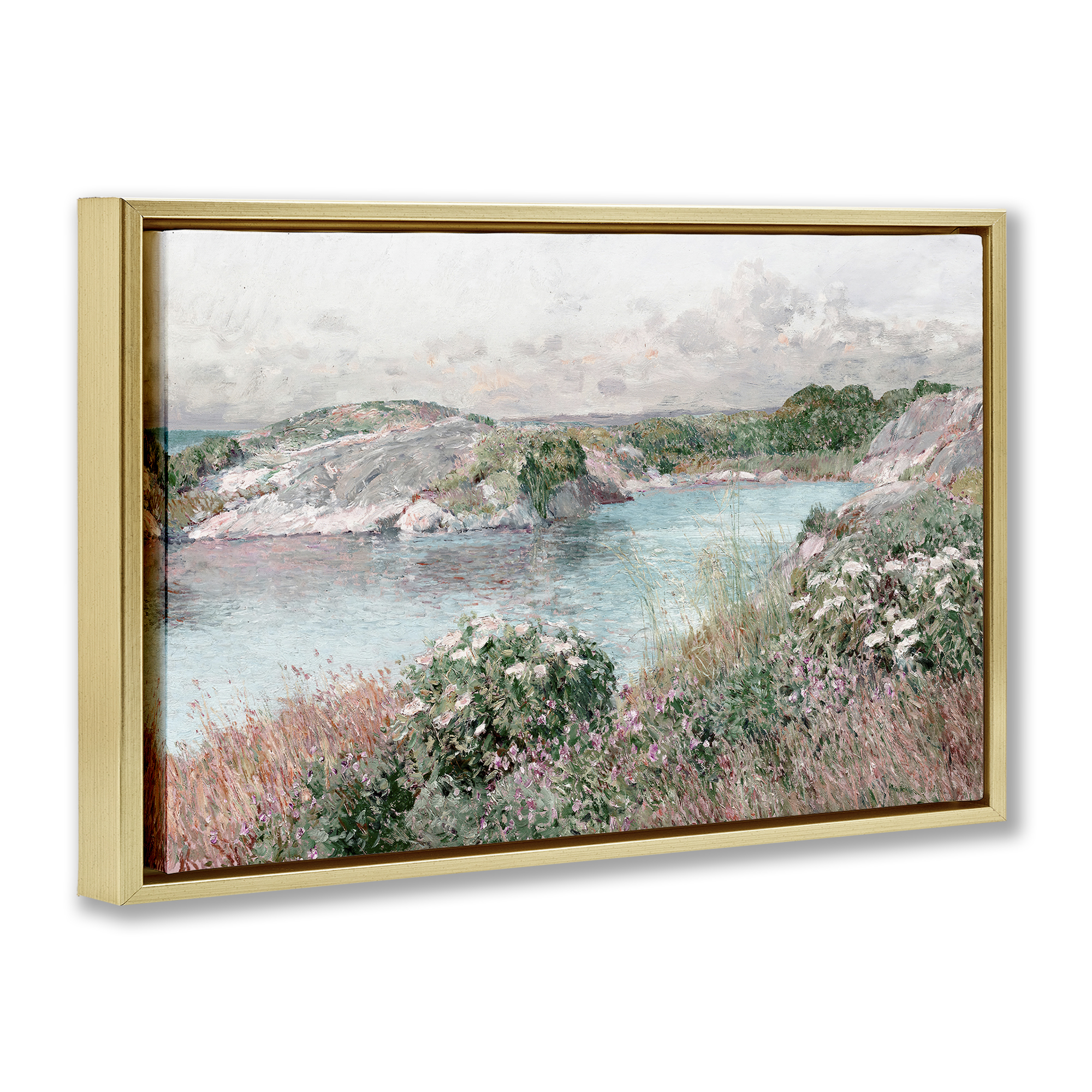 Stupell Industries Classic Riverbank Landscape Landscape & Nature Painting Gold Floater Framed Canvas Art Print Wall Art, 25 x 17
