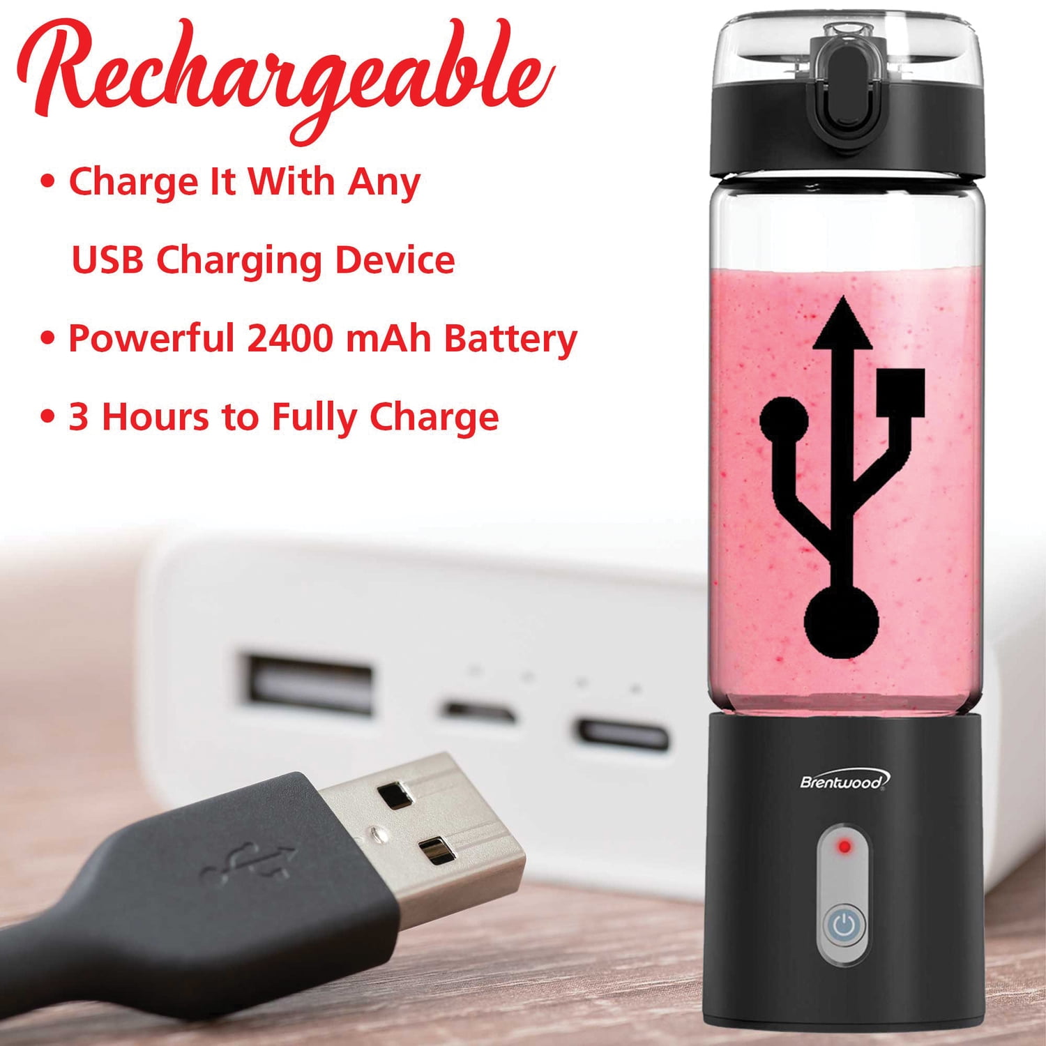 Brentwood 50-Watt 17-Oz. Portable Battery-Operated USB-Chargeable Glass Blender (Black), RJB-100BK