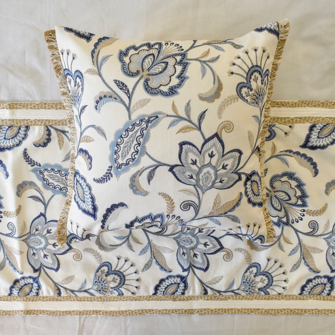 The HomeCentric King / Queen / Twin Blue Designer King 90"x18" Bed Runner With 2 Pillow Cover, Floral, Embroidered, Jute Lace & Lace Bed Scarf on Cotton fabric - Morning Glories