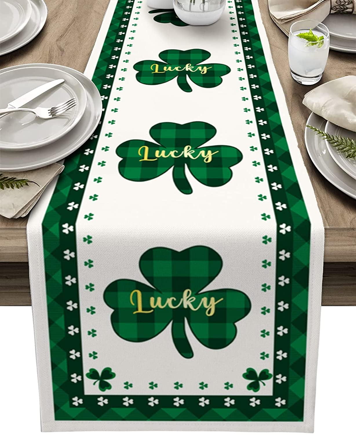 Rustic Farmhouse Style Natural Burlap Table Runner with St Patrick's Day Green Ruffles